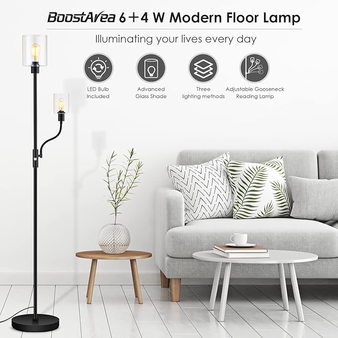BoostArea Floor Lamp, 6W Black Modern Floor Lamp with 4W Adjustable Reading Lamp, 2700K Energy-Saving LED Bulbs Included, Industrial Bright Floor Lamp for Bedroom, Living Room and Office - LeafyLoom