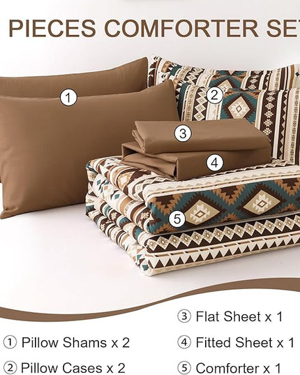 Dinjoy Brown Boho Comforter Set Queen Size,7 Pieces Bed in a Bag Queen Coffee Western Bedding Sets with Sheets Bohemian Geometric Striped Complete Set Aztec for All Seasons Summer 90"x90" - LeafyLoom
