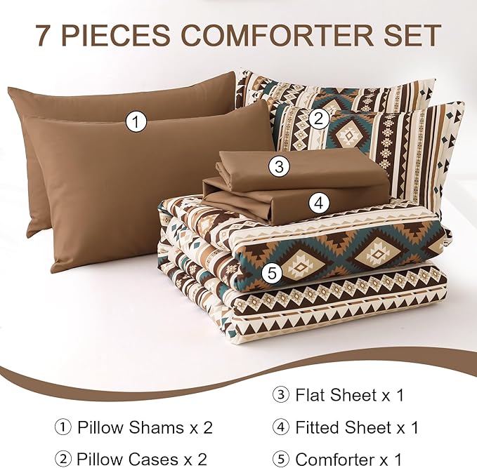 Dinjoy Brown Boho Comforter Set Queen Size,7 Pieces Bed in a Bag Queen Coffee Western Bedding Sets with Sheets Bohemian Geometric Striped Complete Set Aztec for All Seasons Summer 90"x90" - LeafyLoom