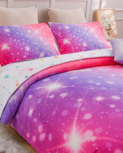 A Nice Night 6Pcs Gradient Glitter Bedding Set for Girls, Colorful Rainbow Galaxy Comforter Set, Ultra Soft Bedding Sets (Pink-Purple,Twin 6Pcs) - LeafyLoom