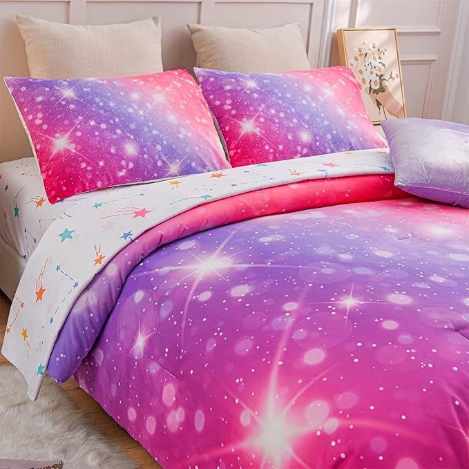 A Nice Night 6Pcs Gradient Glitter Bedding Set for Girls, Colorful Rainbow Galaxy Comforter Set, Ultra Soft Bedding Sets (Pink-Purple,Full 6Pcs) - LeafyLoom