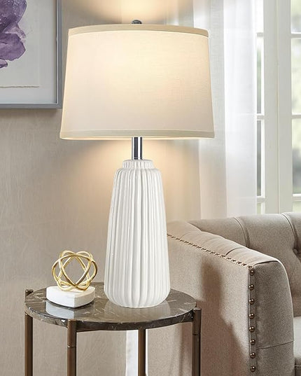 Ceramic Table Lamps Set of 2, 25Inch Modern White Table Lamps for Bedroom Living Room with 3 Color Temperature - 3000K/4000K/6000K, Coastal Lamps for Nightstand Bedside with 2 LED Bulbs, 9W - LeafyLoom