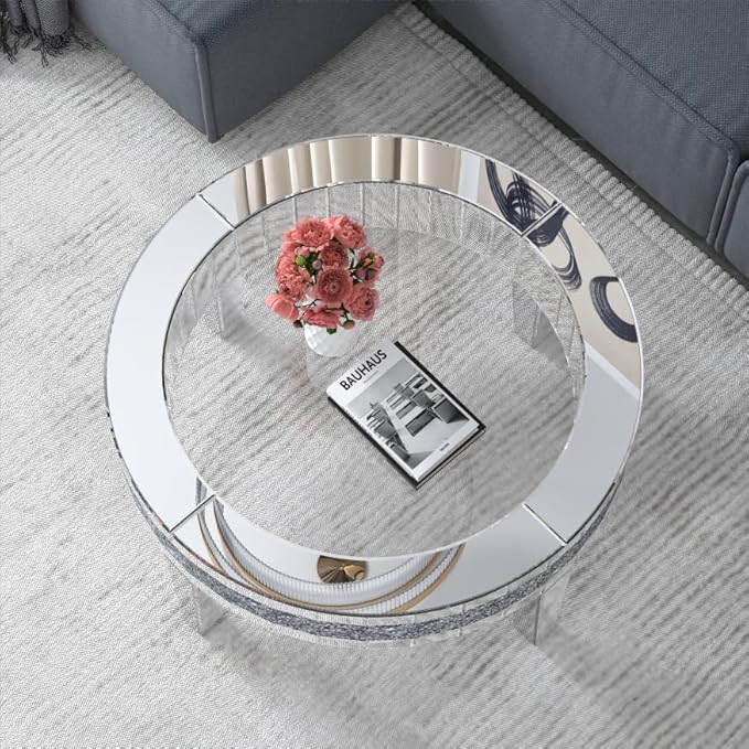 35.5'' Mirrored Round Coffee Table for Living Room, Modern Glass Coffee Table with Crystals Inlay, Silver Accent Table for Home & Office, 1 PC - LeafyLoom