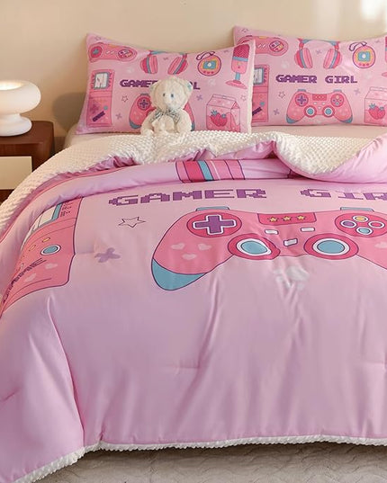 Video Game Queen Size Comforter Set for Girls Kids Teens 3D Gaming Controller Pattern Gamepad Print Bedding Set- 3 Piece Pink Quilt with 2 Pillowcases (90"x90") - LeafyLoom
