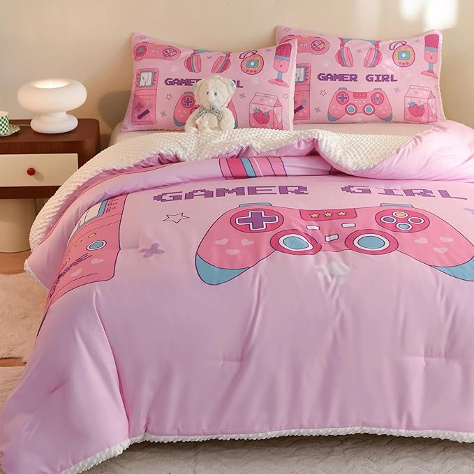 Video Game Queen Size Comforter Set for Girls Kids Teens 3D Gaming Controller Pattern Gamepad Print Bedding Set- 3 Piece Pink Quilt with 2 Pillowcases (90"x90") - LeafyLoom
