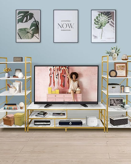 AT-VALY TV Stand for 55-75 inch TVs, Metal&MDF TV Stand with 3-Tier Storage Shelves for Living Room, Entertainment Center with Storage Cabinets (Gold) - LeafyLoom