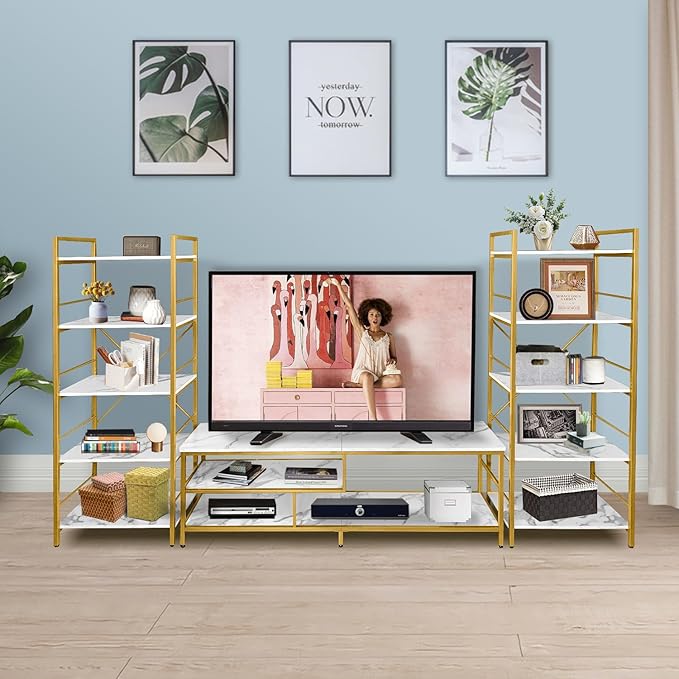 AT-VALY TV Stand for 55-75 inch TVs, Metal&MDF TV Stand with 3-Tier Storage Shelves for Living Room, Entertainment Center with Storage Cabinets (Gold) - LeafyLoom