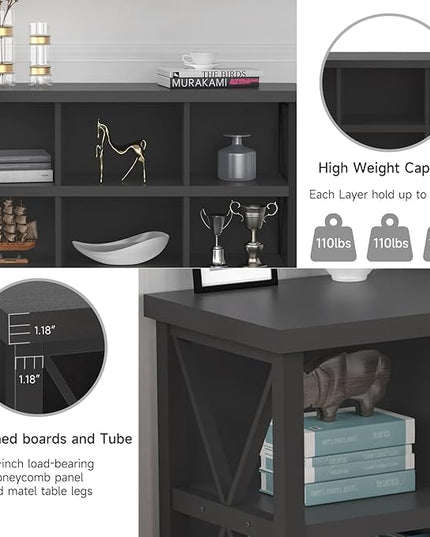 6 Cube Storage Organizer with Shelf, 3 Tier Metal and Wood Open Book Shelf, Long Wide Office Cubby Bookcase with Storage, Industrial Horizontal Bookshelf (Black, 47 Inch) - LeafyLoom