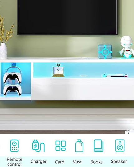 DlandHome Floating TV Stand with LED Light, 39.3’’ Wall-Mounted Media Console, Floating Shelf for Under TV Wall Mount with Storage Shelf for Bedroom Living Room, White - LeafyLoom