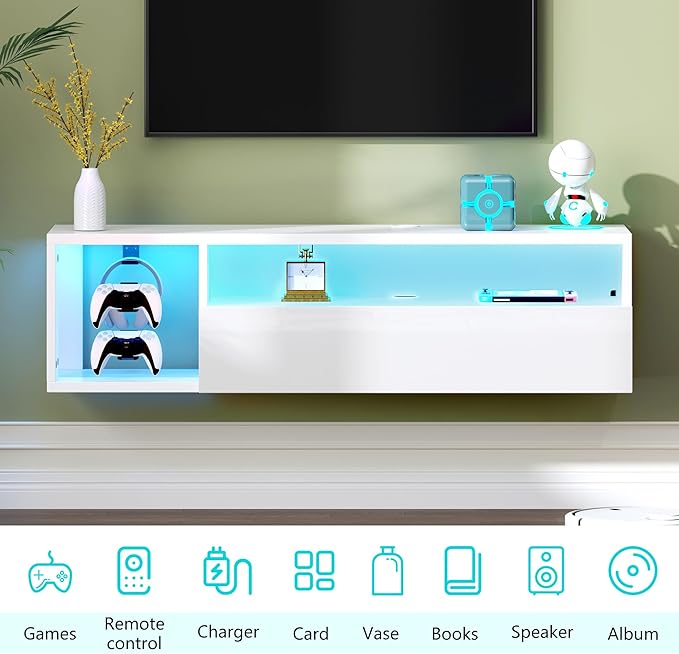 DlandHome Floating TV Stand with LED Light, 39.3’’ Wall-Mounted Media Console, Floating Shelf for Under TV Wall Mount with Storage Shelf for Bedroom Living Room, White - LeafyLoom