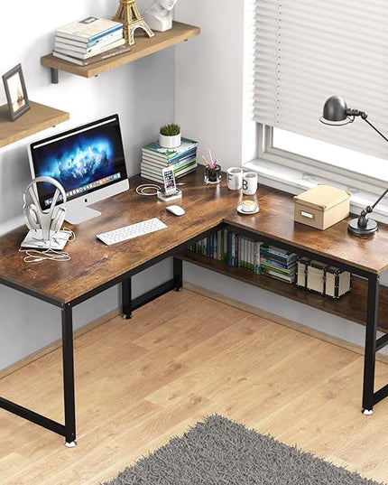 L Shaped Desk, Office Computer Corner Desk, 55 inch Home Gaming Desk Table, Writing Study Workstation with Storage Shelves for Home Office, Space-Saving, Industrial, Rustic Brown - LeafyLoom