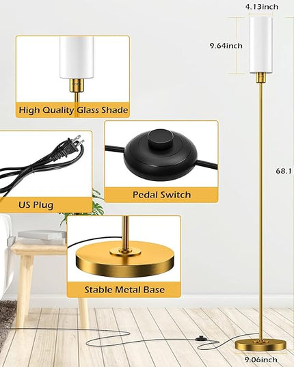 Floor Lamp, Gold Floor Lamp for Living Room, Modern Standing Lamp with Glass Lamp Shade, Vintage 68" Tall Lamp for Home & Office, Reading & Working, E26 Socket(Bulb Not Included) - LeafyLoom