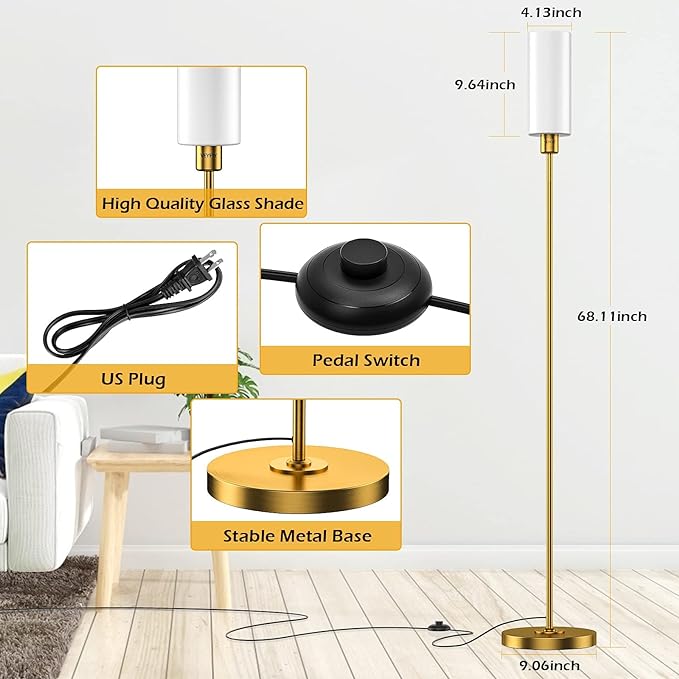 Floor Lamp, Gold Floor Lamp for Living Room, Modern Standing Lamp with Glass Lamp Shade, Vintage 68" Tall Lamp for Home & Office, Reading & Working, E26 Socket(Bulb Not Included) - LeafyLoom