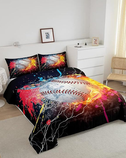 Baseball King Comforter Set For Boys,Tie Dye Baseball Sports Bedding Set Red Blue Fire Water Lightning Duvet Insert For All Season,Sports Baseball Quilt Soft Lightweight Bedroom Decor 2 Pillow Cases - LeafyLoom