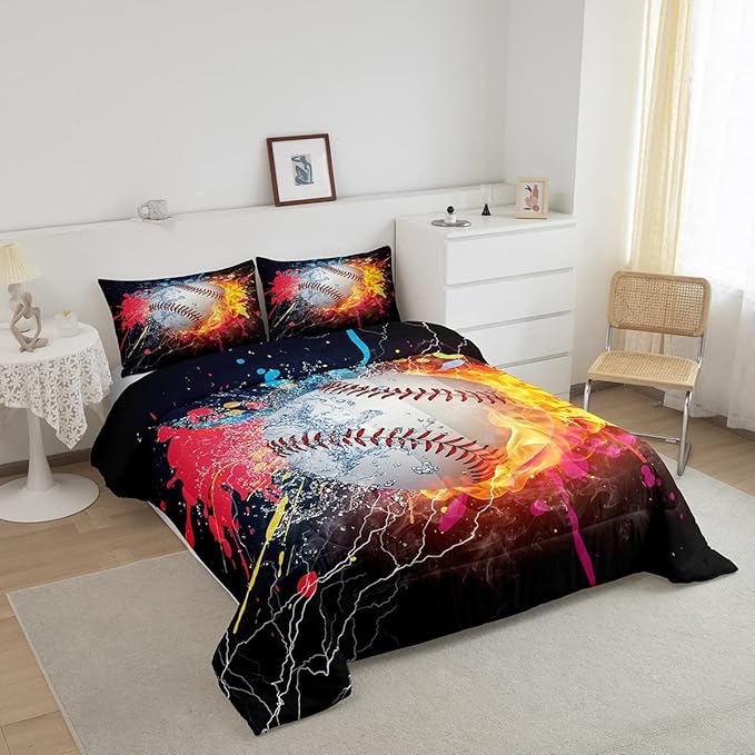 Baseball King Comforter Set For Boys,Tie Dye Baseball Sports Bedding Set Red Blue Fire Water Lightning Duvet Insert For All Season,Sports Baseball Quilt Soft Lightweight Bedroom Decor 2 Pillow Cases - LeafyLoom