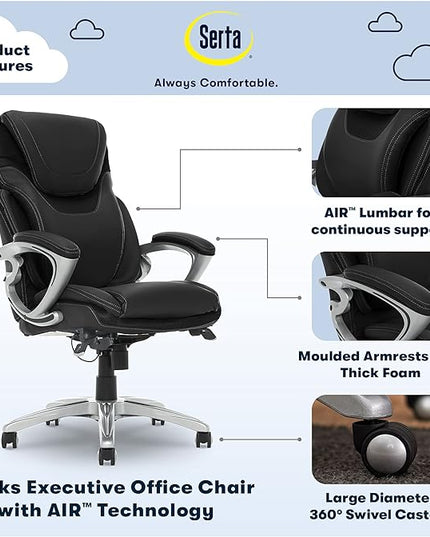 Serta Bryce Executive Office Chair, Ergonomic Computer DeskChair with Patented AIR Lumbar Technology, Comfortable Layered Body Pillows for Cushioning, SertaQuality Foam, Bonded Leather, Black - LeafyLoom