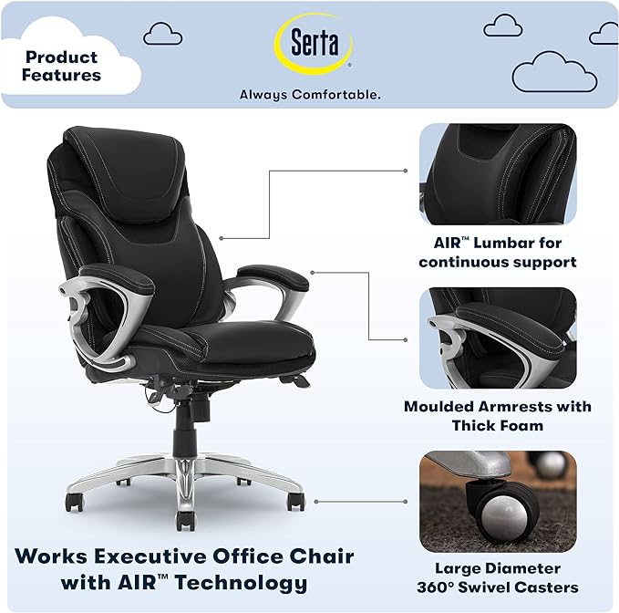 Serta Bryce Executive Office Chair, Ergonomic Computer DeskChair with Patented AIR Lumbar Technology, Comfortable Layered Body Pillows for Cushioning, SertaQuality Foam, Bonded Leather, Black - LeafyLoom