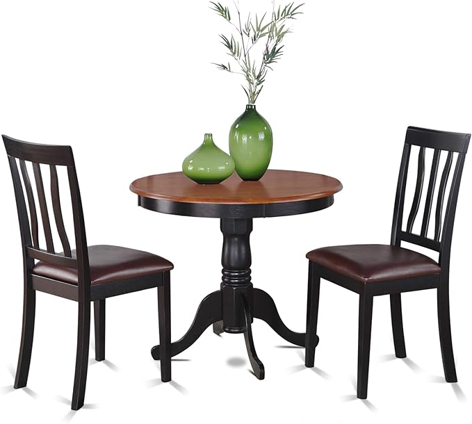 East West Furniture ANTI3-BLK-LC 3 Piece Room Furniture Set Contains a Round Dining Table with Pedestal and 2 Faux Leather Upholstered Chairs, 36x36 Inch - LeafyLoom