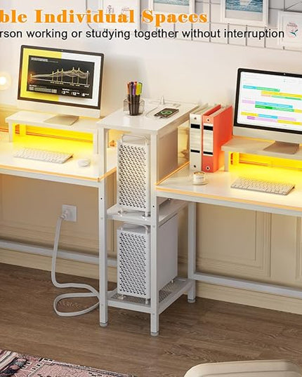 Furologee White 71" Gaming Desk with LED Lights, Long 2 Person Computer Desk with Printer Shelf and Monitor Stand, Double Office Desk with Cloth Bag and Hooks for Home Office (NO Power Outlets) - LeafyLoom