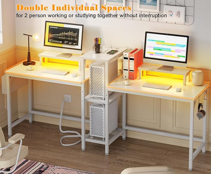 Furologee White 71" Gaming Desk with LED Lights, Long 2 Person Computer Desk with Printer Shelf and Monitor Stand, Double Office Desk with Cloth Bag and Hooks for Home Office (NO Power Outlets) - LeafyLoom