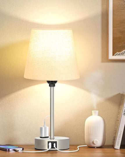 Table Lamps for Bedrooms Set of 2 Bedside - Nightstand Bedroom Lamp with USB C Port and AC Outlet Charging, Dimmable Touch Small End Side Lamp, Beige Night Stand Light for Kid/Guest Room/Living Room - LeafyLoom