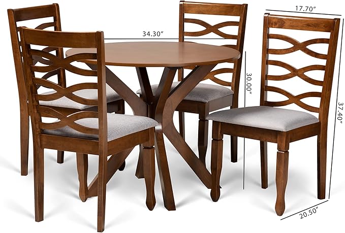 Baxton Studio Mila Modern and Contemporary Grey Fabric Upholstered and Walnut Brown Finished Wood 5-Piece Dining Set - LeafyLoom