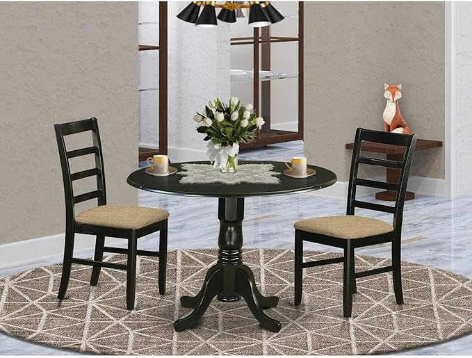East West Furniture DLPF3-BLK-C Dublin 3 Piece Set Contains a Round Dining Room Table with Dropleaf and 2 Linen Fabric Upholstered Kitchen Chairs, 42x42 Inch, Black - LeafyLoom