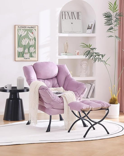 Welnow Lazy Chair with Ottoman, Modern Lounge Accent Chair with Armrests and a Side Pocket, Leisure Upholstered Sofa Chair Set, Reading Chair with Footrest for Small Space - LeafyLoom