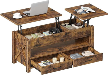 Seventable Coffee Table, 47.2" Lift Top Coffee Table with 2 Storage Drawers and Hidden Compartment, Farmhouse Center Table with Wooden Lift Tabletop, for Living Room,Rustic Brown - LeafyLoom