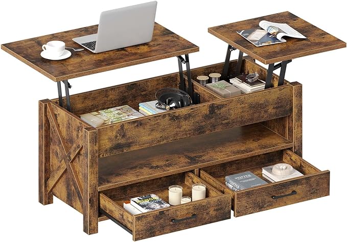 Seventable Coffee Table, 47.2" Lift Top Coffee Table with 2 Storage Drawers and Hidden Compartment, Farmhouse Center Table with Wooden Lift Tabletop, for Living Room,Rustic Brown - LeafyLoom
