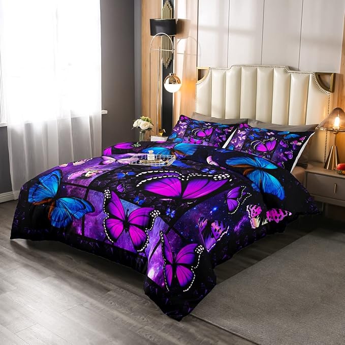 Erosebridal Butterfly Comforter Set Starry Sky Galaxy Comforter Blue Purple Butterfly Bedding Sets Twin for Kids Girls Teens Women Bed,Aesthetics Butterflies Quilt Duvet Set 1 Pillow Case Room Decor - LeafyLoom