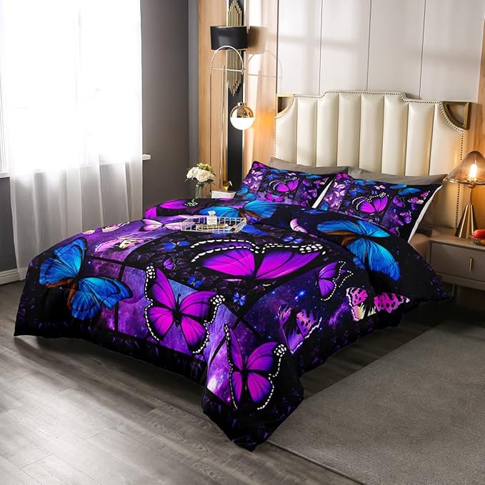 Erosebridal Butterfly Comforter Set Starry Sky Galaxy Comforter Blue Purple Butterfly Bedding Sets Full for Kids Girls Teens Women Bed,Aesthetics Butterflies Quilt Duvet Set 2 Pillow Cases Room Decor - LeafyLoom