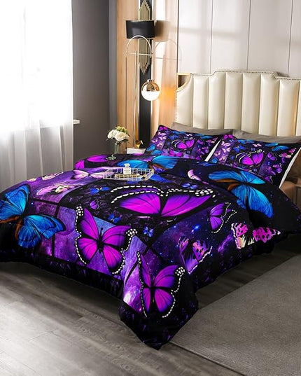 Erosebridal Butterfly Comforter Set Starry Sky Galaxy Comforter Blue Purple Butterfly Bedding Sets Queen for Women Teen Girls,Aesthetics Butterflies Quilt Duvet Set 2 Pillow Cases - LeafyLoom