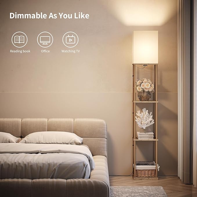 SUNMORY Floor Lamp with Shelves, Modern Square Standing Lamp with 3 Color Temperature Bulb, Corner Display Bookshelf Lamp for Living Room and Bedroom (Withered-leaf Color) - LeafyLoom