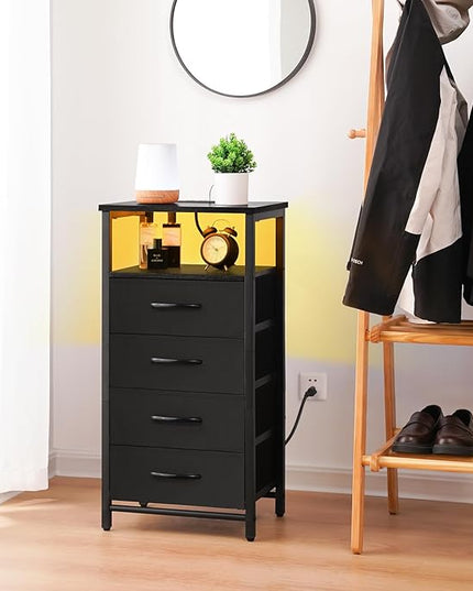 Yoobure LED Nightstand with Charging Station, Tall Dressers for Bedroom, Black Night Stand with 4 Storage Drawers, Bedside Table for Closet, Fabric Side Table, End Table in Living Room - LeafyLoom