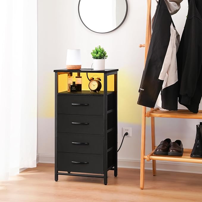 Yoobure LED Nightstand with Charging Station, Tall Dressers for Bedroom, Black Night Stand with 4 Storage Drawers, Bedside Table for Closet, Fabric Side Table, End Table in Living Room - LeafyLoom