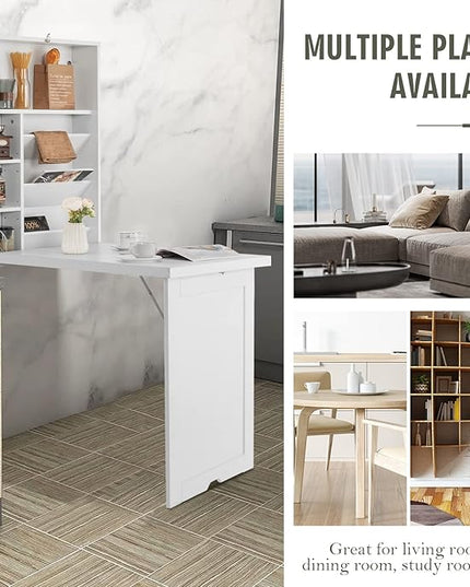Wall Mounted Table w/Classified Storage Space, Foldable Multiple-Purpose Desk, Sturdy Wood Structure, White - LeafyLoom