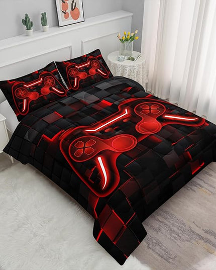 Axolotl Gamepad Comforter Set Twin Size,Red Grid Print Bedding Set,Boys Gaming Console Comforter Set,Video Gaming controller Bedding Set for Teens Men Adults,1 Quilt 2 Pillowcases,Red Black - LeafyLoom