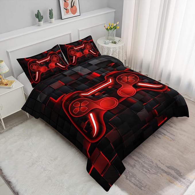 Axolotl Gamepad Comforter Set Queen Size,Red Grid Print Bedding Set,Boys Gaming Console Comforter Set,Video Gaming controller Bedding Set for Teens Men Adults,1 Quilt 2 Pillowcases,Red Black - LeafyLoom