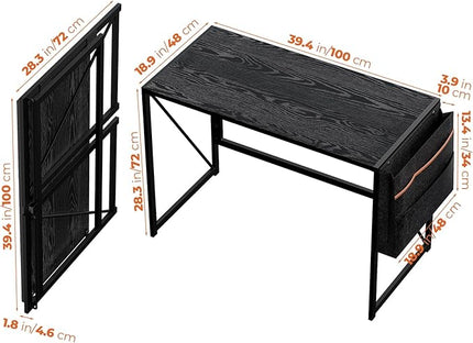 Folding Desk, Small Foldable Desk 39.4 Inch for Small Space, Computer Table Home Office Writing Desk with Storage Bag Headphone Hook, Easy Assembly, Black - LeafyLoom