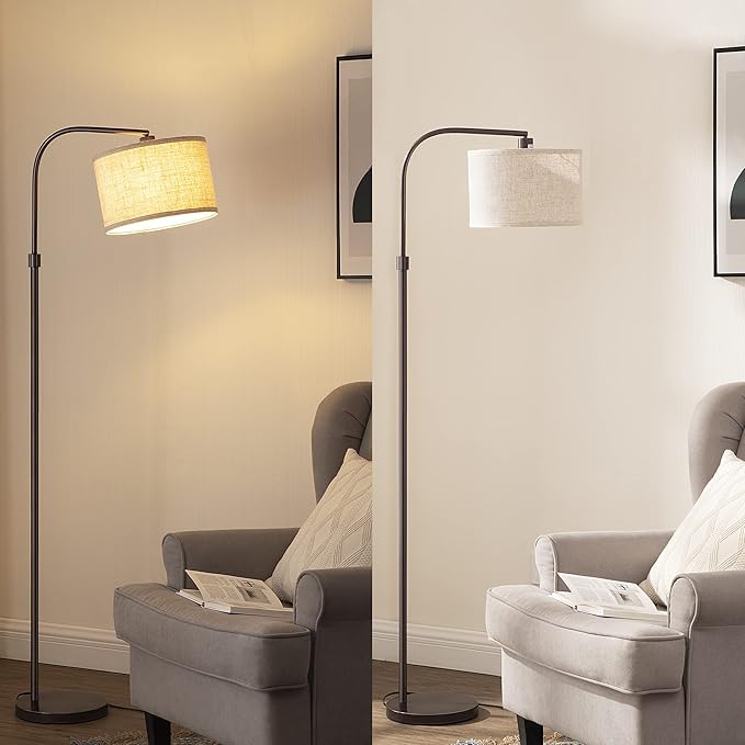 EDISHINE Arched Floor Lamps for Living Room, Standing Tall Arc Lamp with Adjustable Linen Shade, Minimalist Reading Light for Corner, Over Couch Arched Lamp for Bedroom, Office, Kids Room, Bronze - LeafyLoom