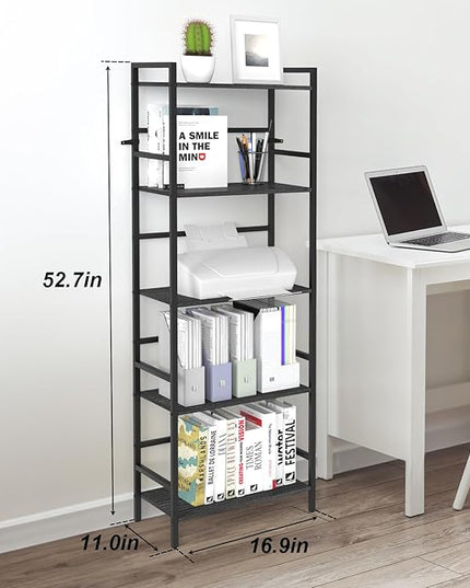 CADUKE Black Tall Bookcase 5 Tier Book Shelf for Bedroom Industrial Bookshelf with Storage Book Shelves for Kids Room Standing Office Bookshelves and Bookcases for Bedroom Living Room - LeafyLoom