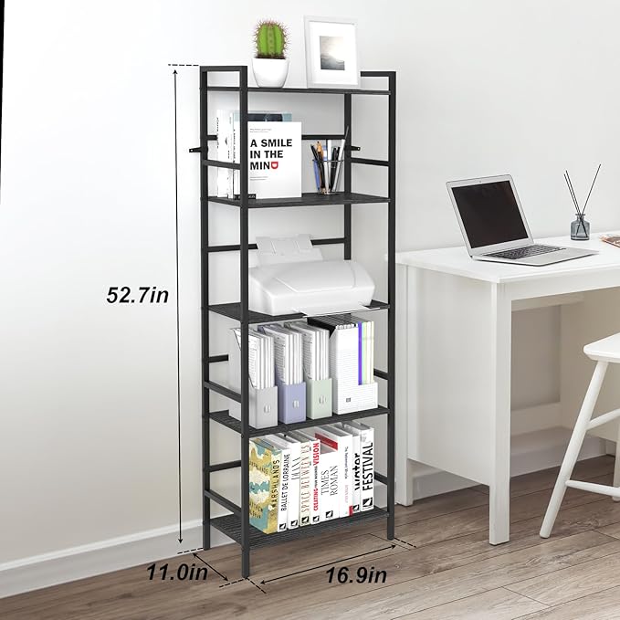 CADUKE Black Tall Bookcase 5 Tier Book Shelf for Bedroom Industrial Bookshelf with Storage Book Shelves for Kids Room Standing Office Bookshelves and Bookcases for Bedroom Living Room - LeafyLoom