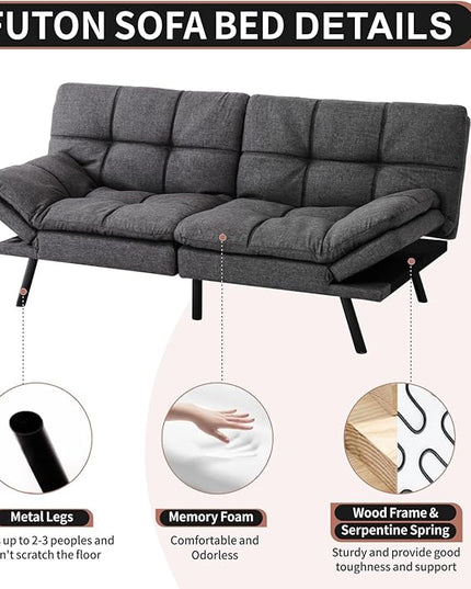 MUUEGM Futon Sofa Bed Convertible Memory Foam Sleeper Couch,Modern Loveseat for Living Room,Small Compact Space,Dorm,Office,Adjustable Armrests Backrest Sofabed, Linen Dark Grey - LeafyLoom