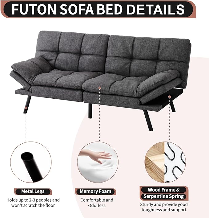 MUUEGM Futon Sofa Bed Convertible Memory Foam Sleeper Couch,Modern Loveseat for Living Room,Small Compact Space,Dorm,Office,Adjustable Armrests Backrest Sofabed, Linen Dark Grey - LeafyLoom