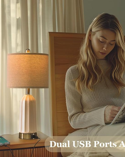 20.25" - Modern Ceramic Bedside Lamp with USB C+A Charging Ports, Table Lamp for Living Room, Bedroom, Nightstand Lamp, Farmhouse Table Lamp (White)-Single - LeafyLoom