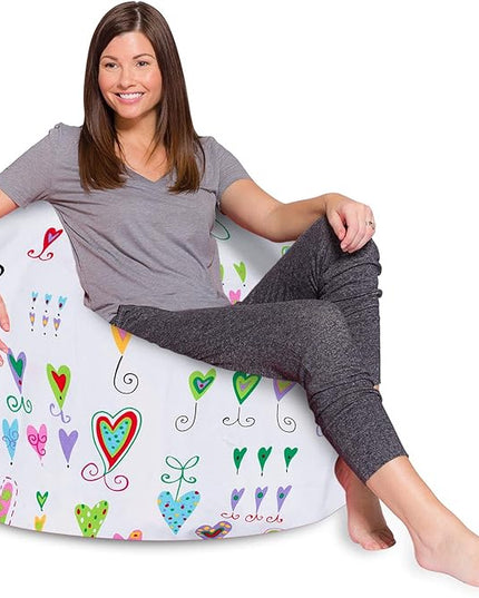 Posh Creations Bean Bag Chair for Kids, Teens, and Adults Includes Removable and Machine Washable Cover, Canvas Multi-Colored Hearts on White, 48in - X-Large - LeafyLoom