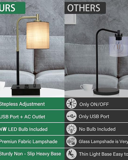 Bedside Table Lamp with USB Ports and Outlet, Lamp for Nightstand Fully Dimmable Fabric Shade Lamp, Desk Lamp for Bedroom Guestroom Living Room & Hotel LED Bulb Included - LeafyLoom