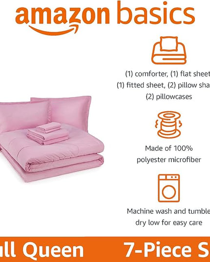 Amazon Basics 7 Piece Microfiber Kid's Bed-in-a-Bag Bedding Set, Full/Queen, Pink, Solid - LeafyLoom