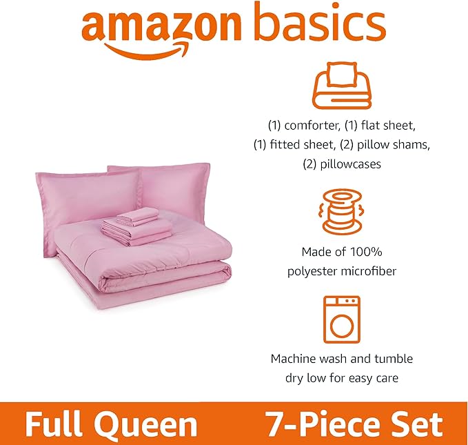 Amazon Basics 7 Piece Microfiber Kid's Bed-in-a-Bag Bedding Set, Full/Queen, Pink, Solid - LeafyLoom